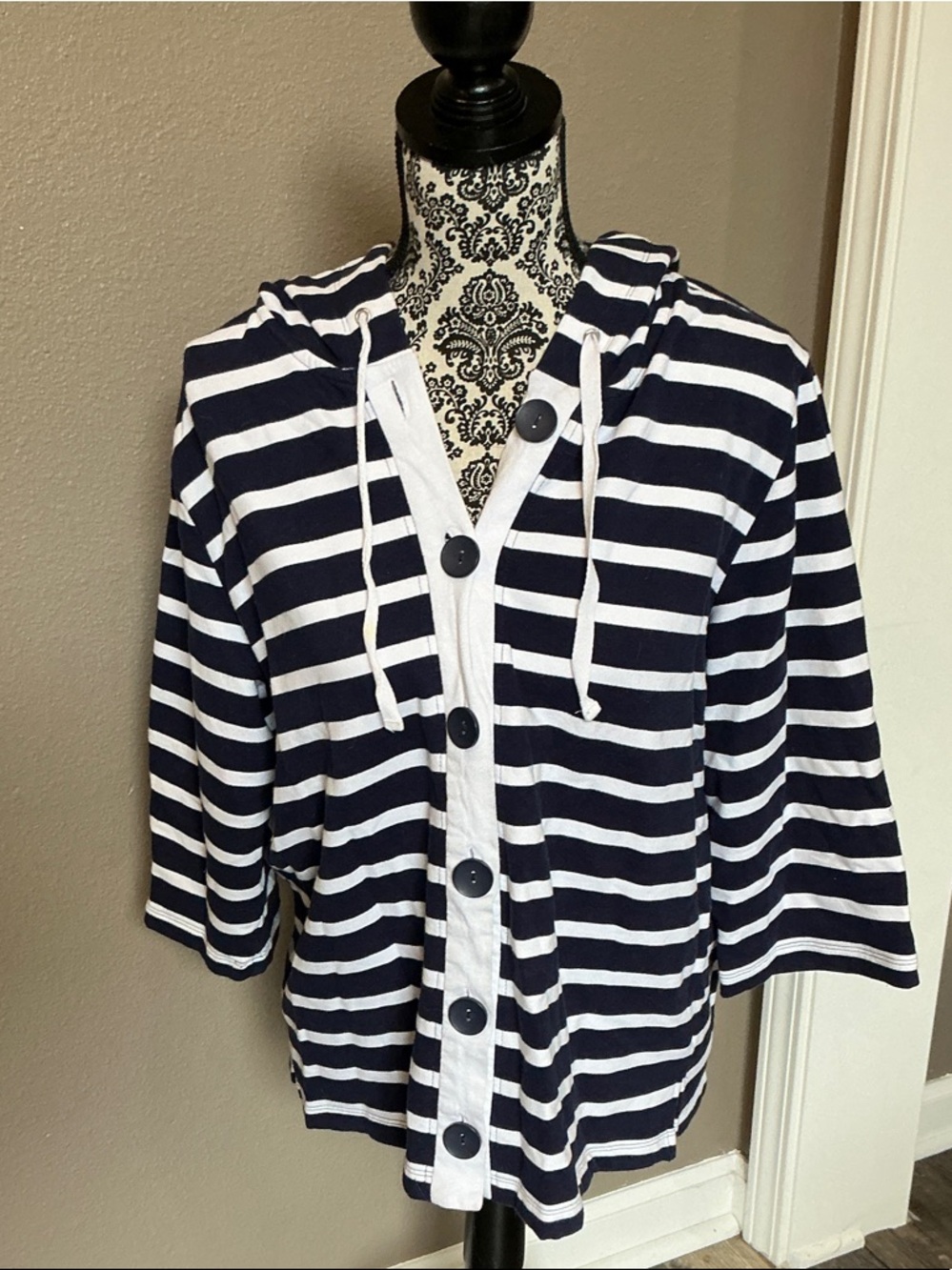 Orvis Navy and White Striped Button Hoodie Cardigan Size L